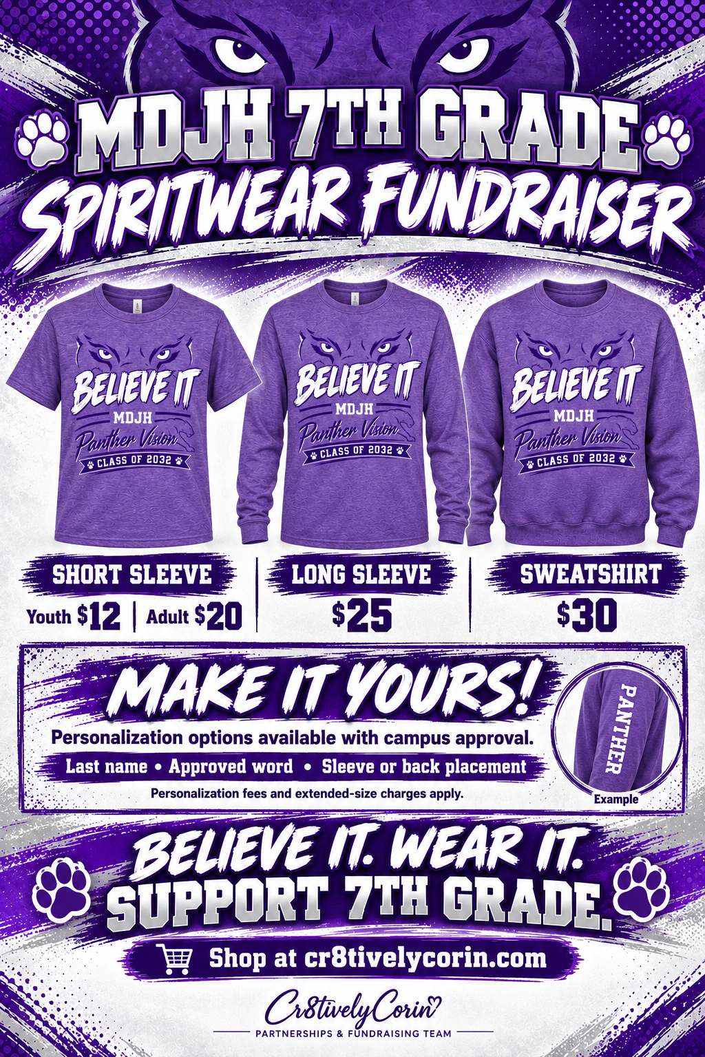 MDJH 7th Grade "Believe It" Adult & Staff Spirit Tee- Purple
