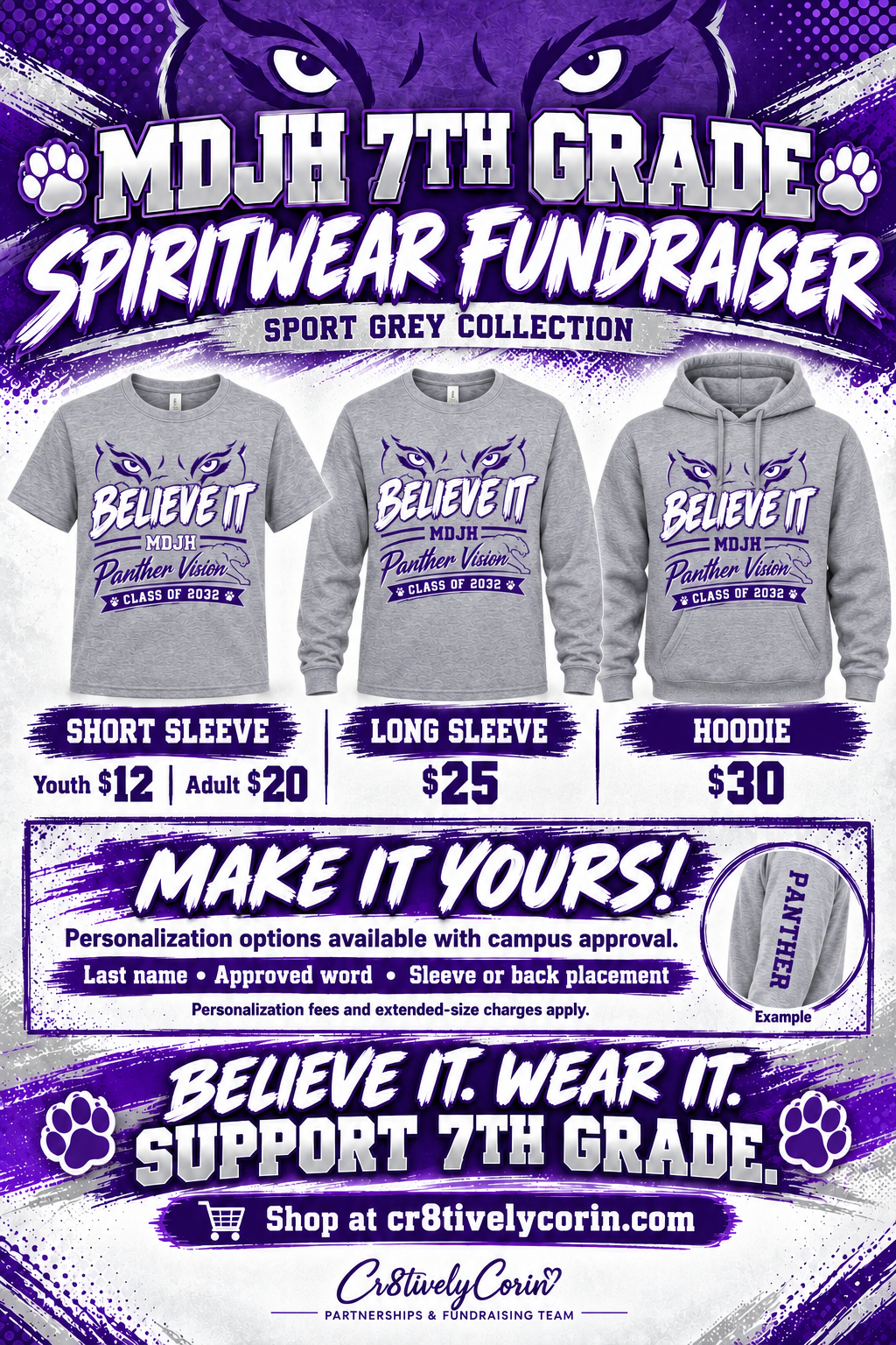MDJH 7th Grade "Believe It" Adult & Staff Spirit Tee Gray
